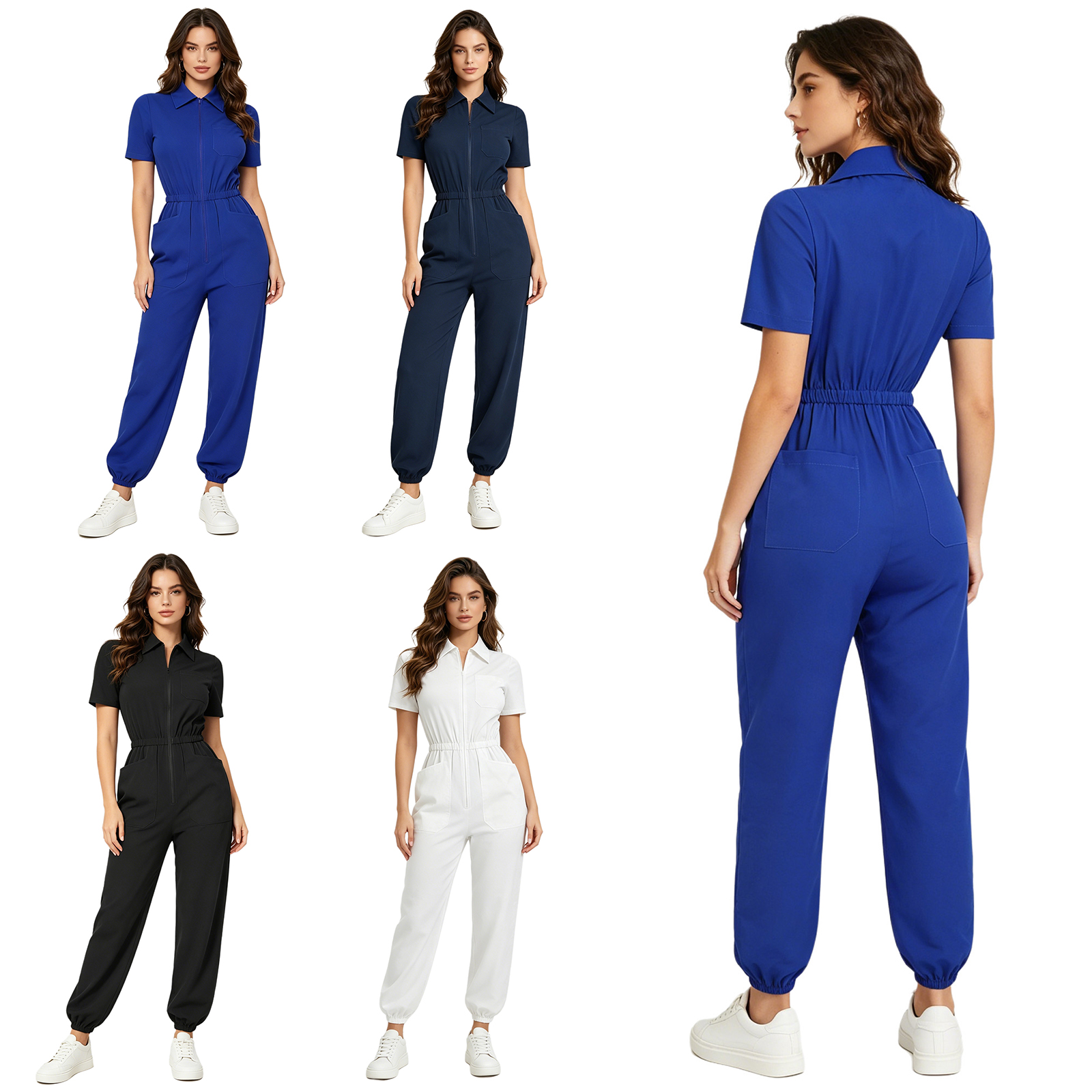 Medical Lab Uniform - Women Short Sleeve Scrub Jumpsuit Multi-pockets